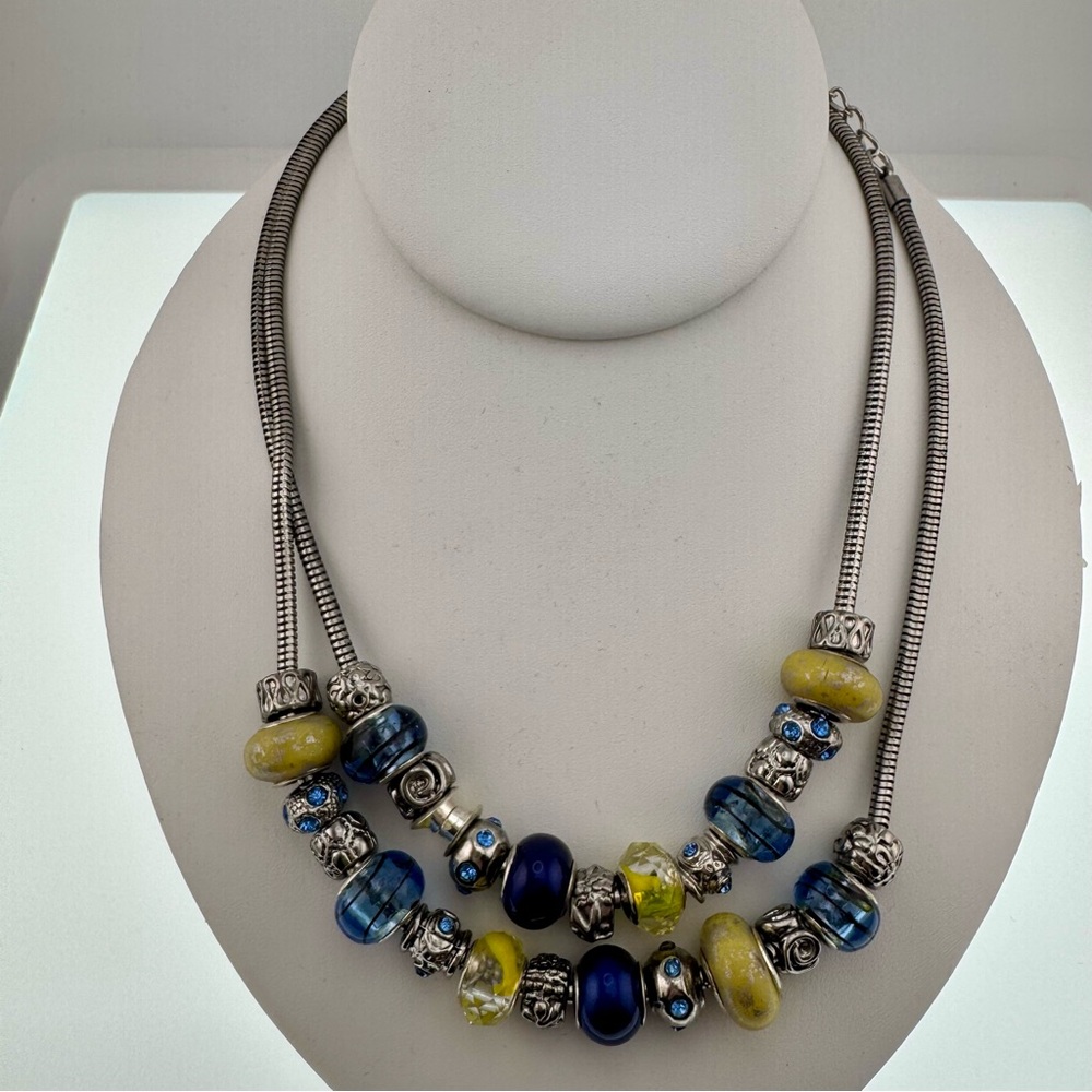 Christopher & Banks Silver Snake Charm Necklace with Blue and Yellow Glass beads